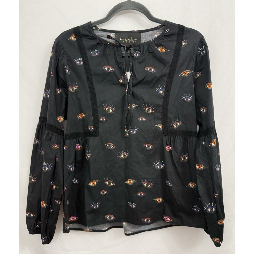 NWT Nicole Miller Black Evil Eye Tie Neck Peasant Blouse Top Womens Size P / XS